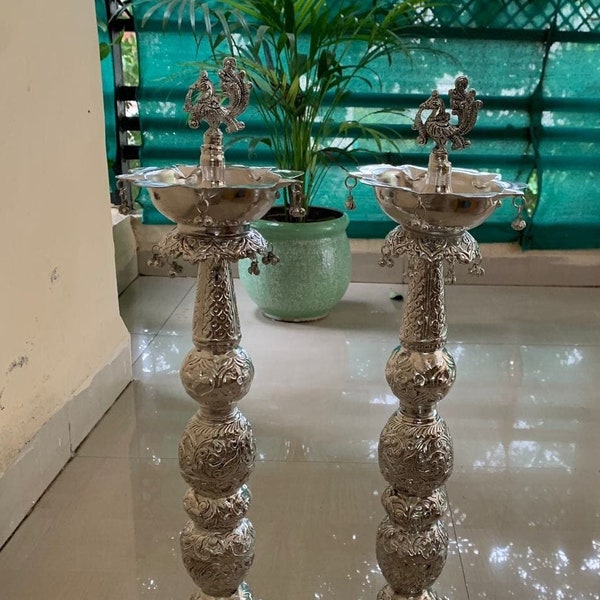 Set of 2 Peacock Samai Diya, Silver Plated Unique Gift, Kuthu Vilakku Pair, Metal Diya, Indian Puja Oil Lamp, Silver Diya, Brass Akandh Diya