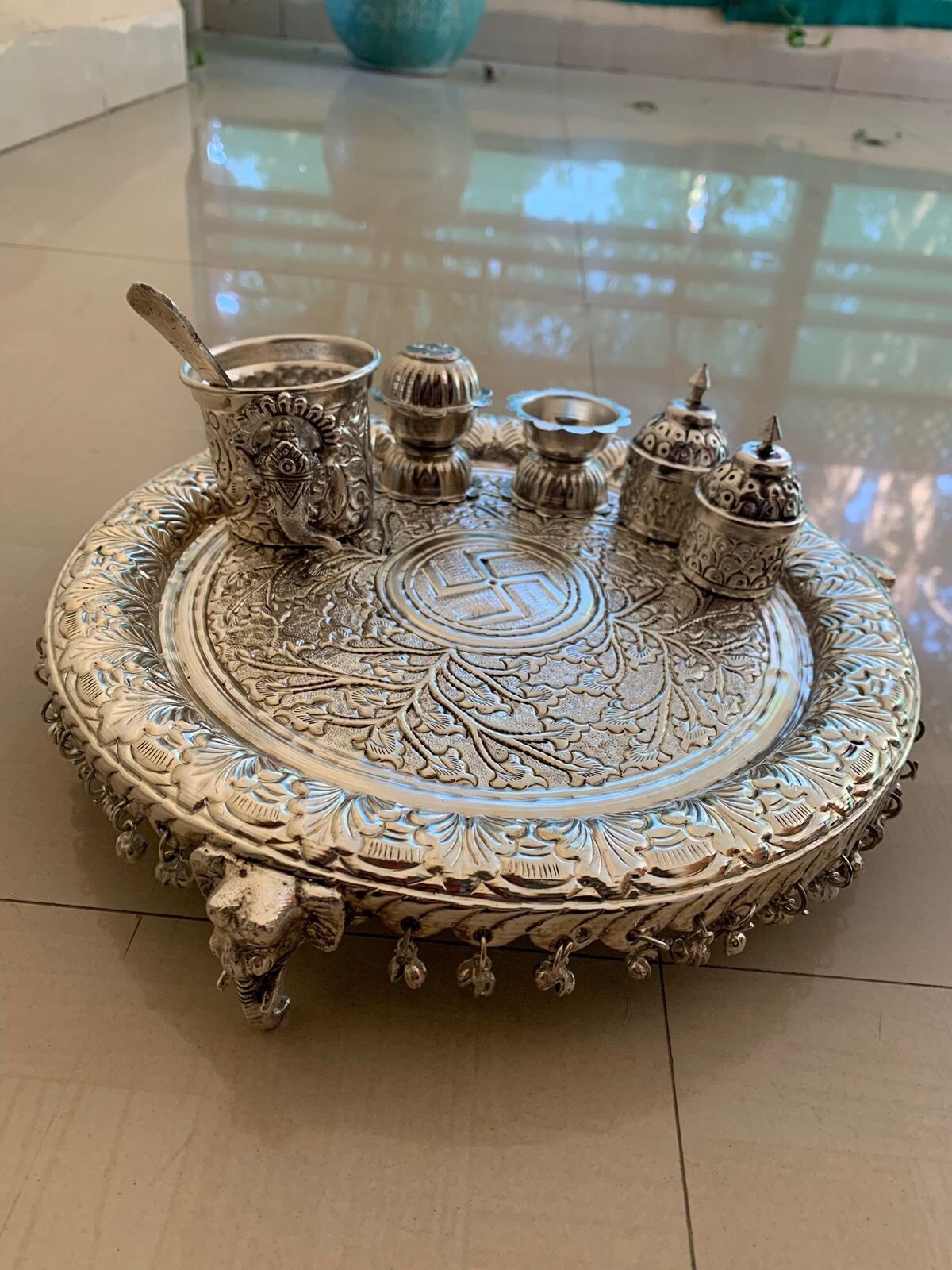 Indian German Silver Pooja Thali Set, Puja Arti Plate, Diwali Gifts