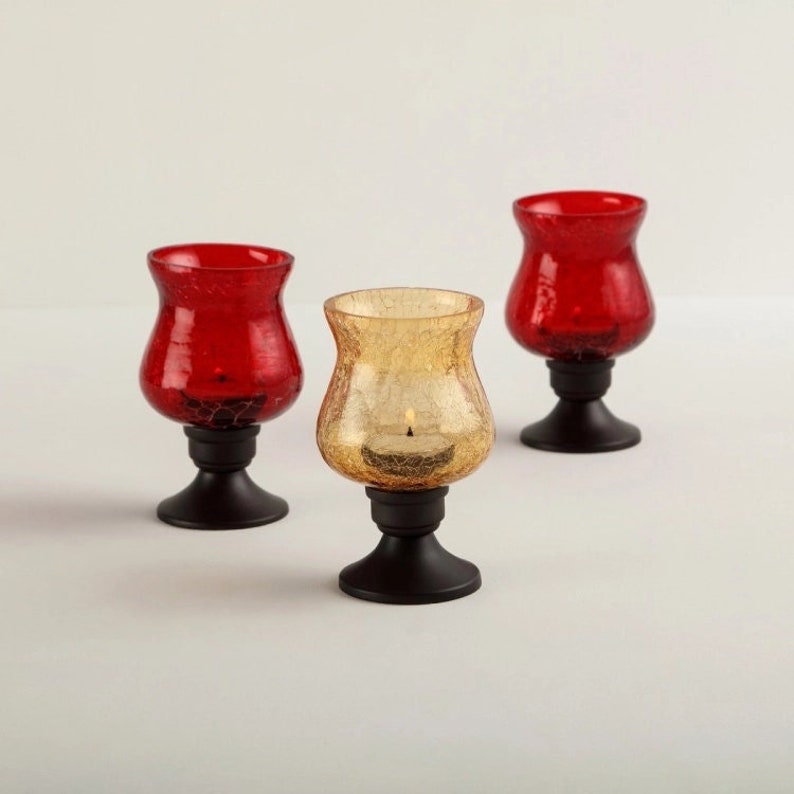 Set of 3 Red Gold Crackle Glass Candle Holders, Modern Home Decor