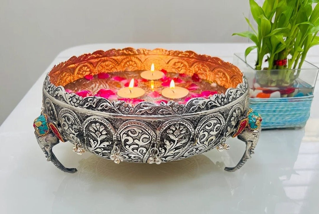 Silver Urli Bowl, Indian Elephant Decorative Uruli, Diwali Home Decor Art, Wedding Table