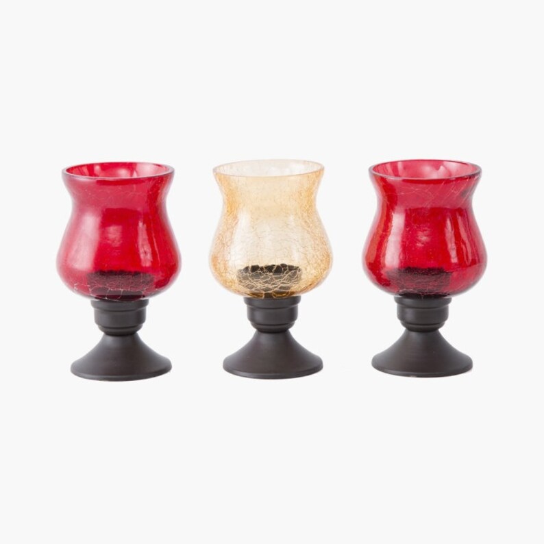 Set of 3 Red Gold Crackle Glass Candle Holders, Modern Home Decor