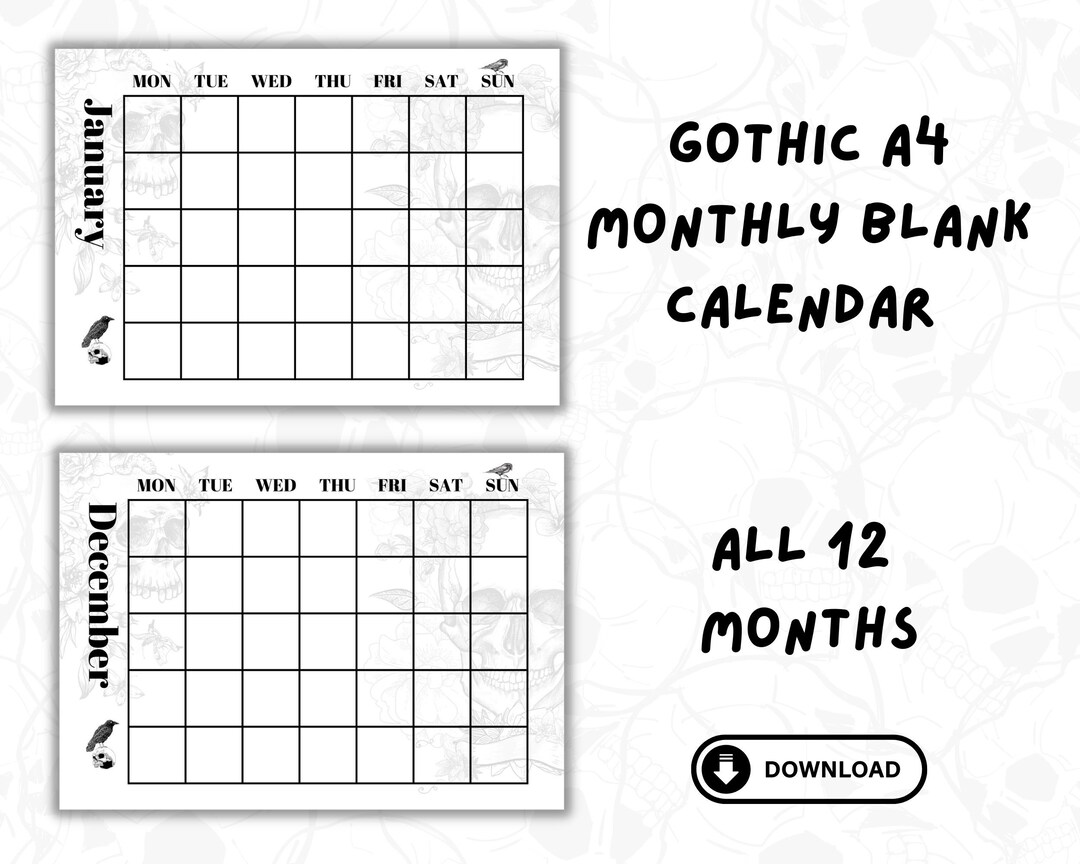 Gothic Monthly Blank Calendar A4 Digital Horizontal Printable Calendar gothic-monthly-blank-calendar-a4-digital-horizontal-printable-calendar