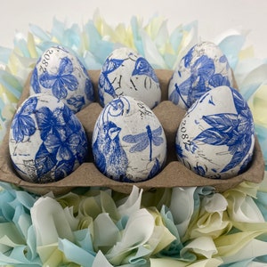 Decoupage Easter Eggs. Design is birds, butterflies and flowers. Blue and white. Farmhouse , vintage look. Lot of 6 eggs