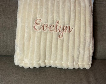 Ribbed Plush Throw Blanket, Ivory Throw Blanket, Personalized Embroidery