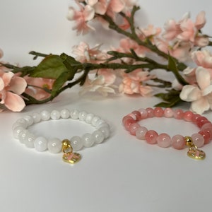 Cancer Warrior Bracelet: Pink Jade or Moonstone, Pink Ribbon Charm
