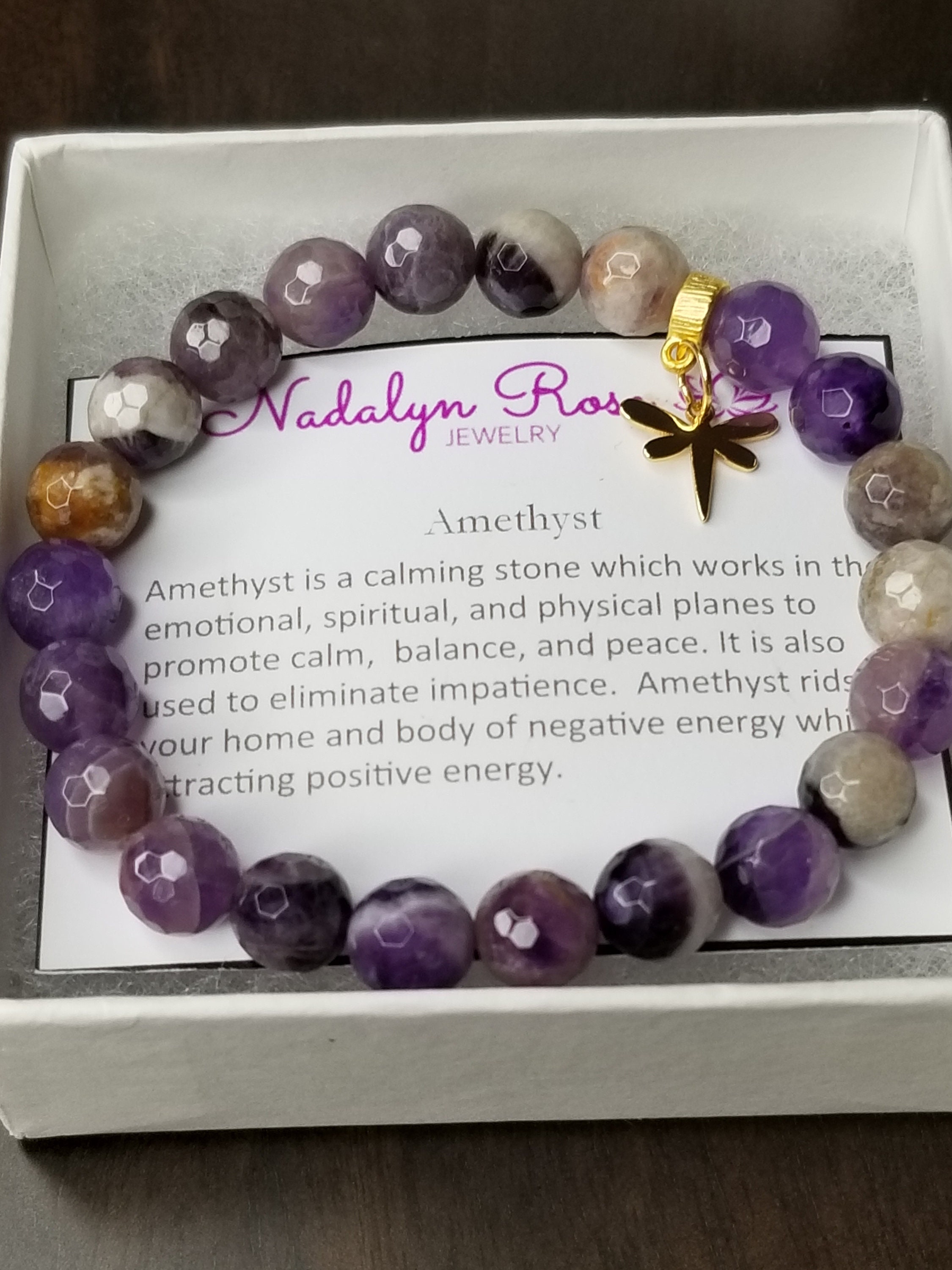 Amethyst Beaded Bracelet With Gold Plated Dragonfly Charm | Etsy