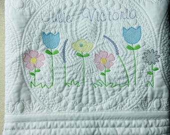 Heirloom Baby Quilt, Wildflowers Blanket, Personalized Baby Quilt, Vintage Embroidery, Baby Blanket