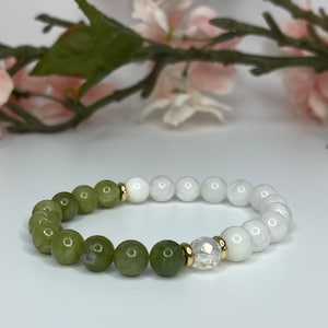 Peridot and Moonstone Bracelet with Clear Quartz Bead, August Birthstone Bracelet, Boho Bracelet, Stacking Bracelet