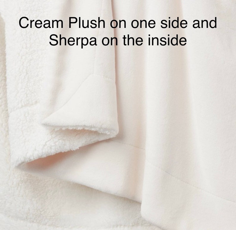 May include: Cream plush throw blanket with sherpa lining. The blanket is folded to show both sides.
