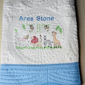 Embroidered Safari Animal Baby Quilt: Personalized Heirloom Blanket
