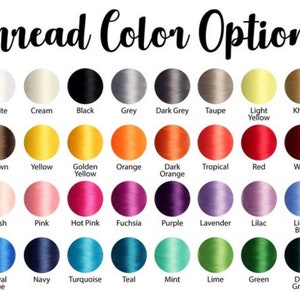 May include: A chart of thread colors for embroidery, with 36 different colors displayed in circles. The colors include white, cream, black, grey, dark grey, taupe, light yellow, khaki, brown, yellow, golden yellow, orange, dark orange, tropical, red, wine, blush, pink, hot pink, fuchsia, purple, lavender, lilac, light blue, royal blue, navy, turquoise, teal, mint, lime, green, and dark green.