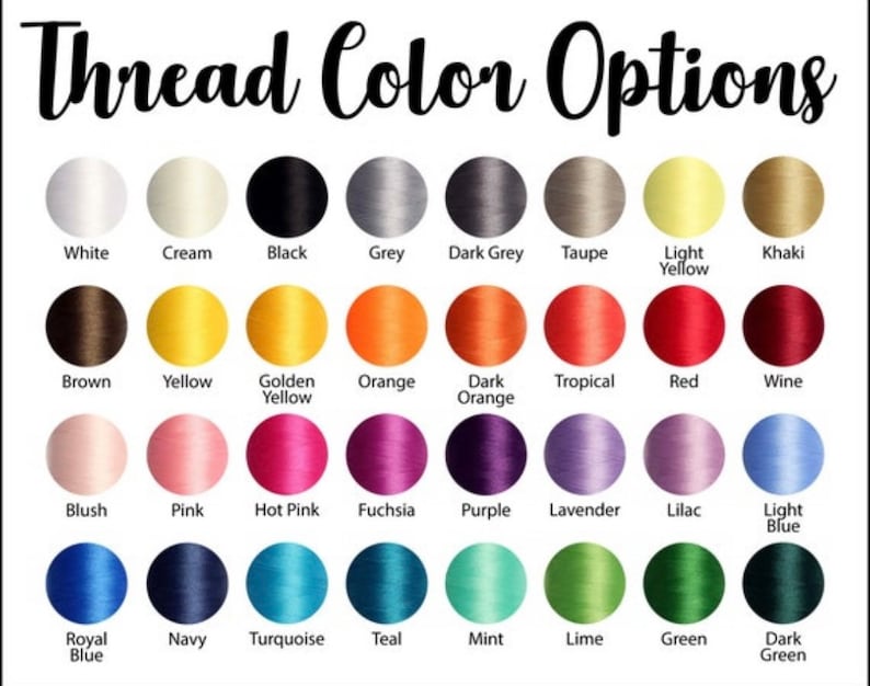 May include: A chart of thread colors for embroidery, with 36 different colors displayed in circles. The colors include white, cream, black, grey, dark grey, taupe, light yellow, khaki, brown, yellow, golden yellow, orange, dark orange, tropical, red, wine, blush, pink, hot pink, fuchsia, purple, lavender, lilac, light blue, royal blue, navy, turquoise, teal, mint, lime, green, and dark green.