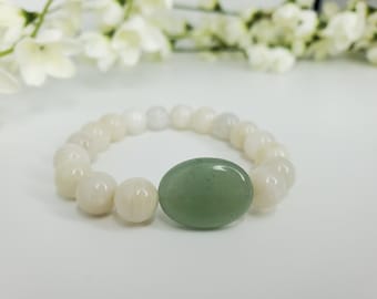 Moonstone and Green Aventurine Stone Bracelet, Stacking Bracelet, Boho, Heart Chakra