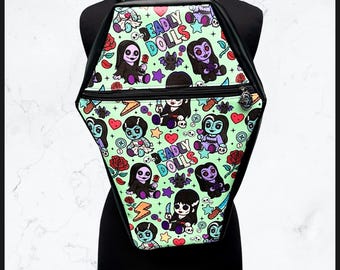 Deadly Dame Dolls Monster Size Coffin Shaped Backpack Bag Purse