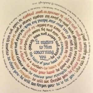May include: A circular design with colorful text in a variety of fonts. The text is arranged in concentric circles and includes bible verses and inspirational quotes. The center of the design reads "It matters to Him concerning you".
