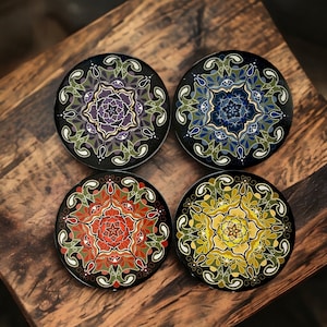 W27 Brightly colored  floral mandalas glossy reds, purples, blues and yellows -set of 4 -  4.25” Ceramic Coasters