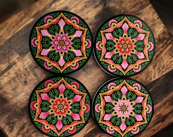 W21  Mix of pinks floral  matte  mandala set of 4 -  4.25” Ceramic Coasters