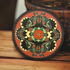 W43    Army green and brick red butterfly mandala Ceramic Coasters.