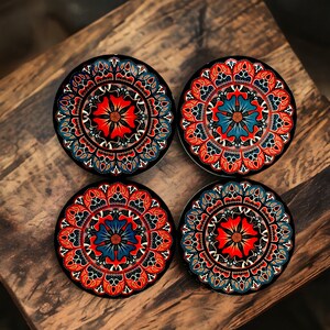 W26 Dark blue, light blue, red white and black glossy  mandala set of 4 -  4.25” Ceramic Coasters