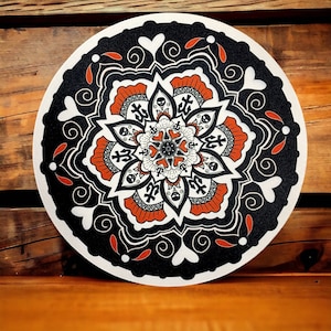 MP15 Red, black and white skull, heart and anchor mandala with white border trivet / mouse pad