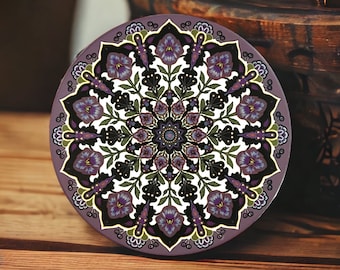 W11  purple and black Pansy mandala set of 4 -  4.25” Ceramic Coasters