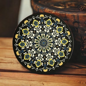 W8 Yellow and blue Pansy mandala set of 4 -  4.25” Ceramic Coasters