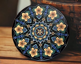 W16 Yellow flowers and rusty orange and blue accents mandala set of 4 -  4.25” Ceramic Coasters