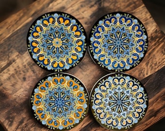 W22 Turquoise, blue, gold and white matte  mandala set of 4 -  4.25” Ceramic Coasters
