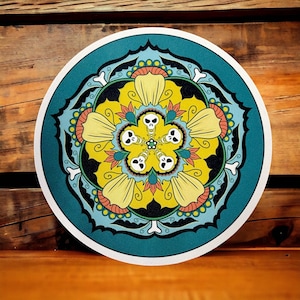 MP17 teal and yellow floral skull mandala with white border trivet / mouse pad