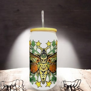 GC2  18oz DEATH HEAD MOTH Frosted Glass Can tumbler with bamboo lid and reusable glass straw.