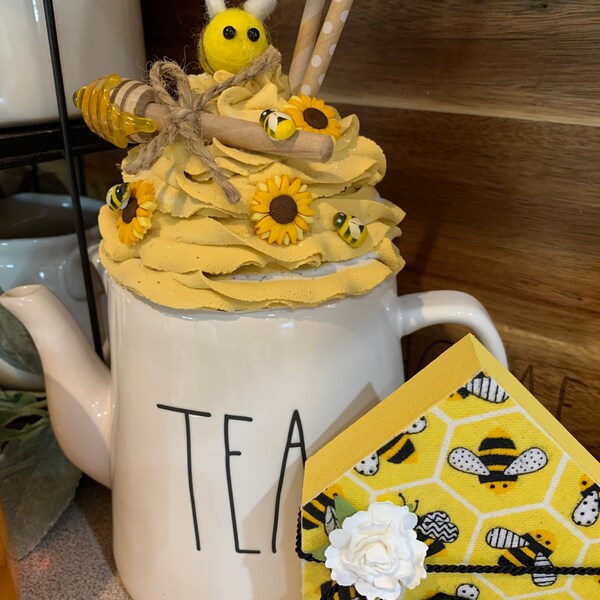 Faux Fake Whipped Cream Rae Dunn Inspired Canister, Tea Pot and Mug Topper, Honey Stick, Bumble Bee With Yellow Sunflower