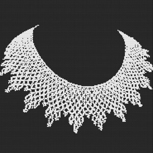 May include: A white, intricate, lace-like necklace with a scalloped edge. The necklace is designed in a U-shape and has a delicate, feminine aesthetic.