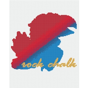 May include: A red and blue abstract design with the text "rock chalk" in gold lettering.