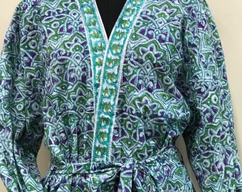 Cotton KimonoHand Block Print robesIndian BathrobeBridal Dressing GownsWomen Crossover