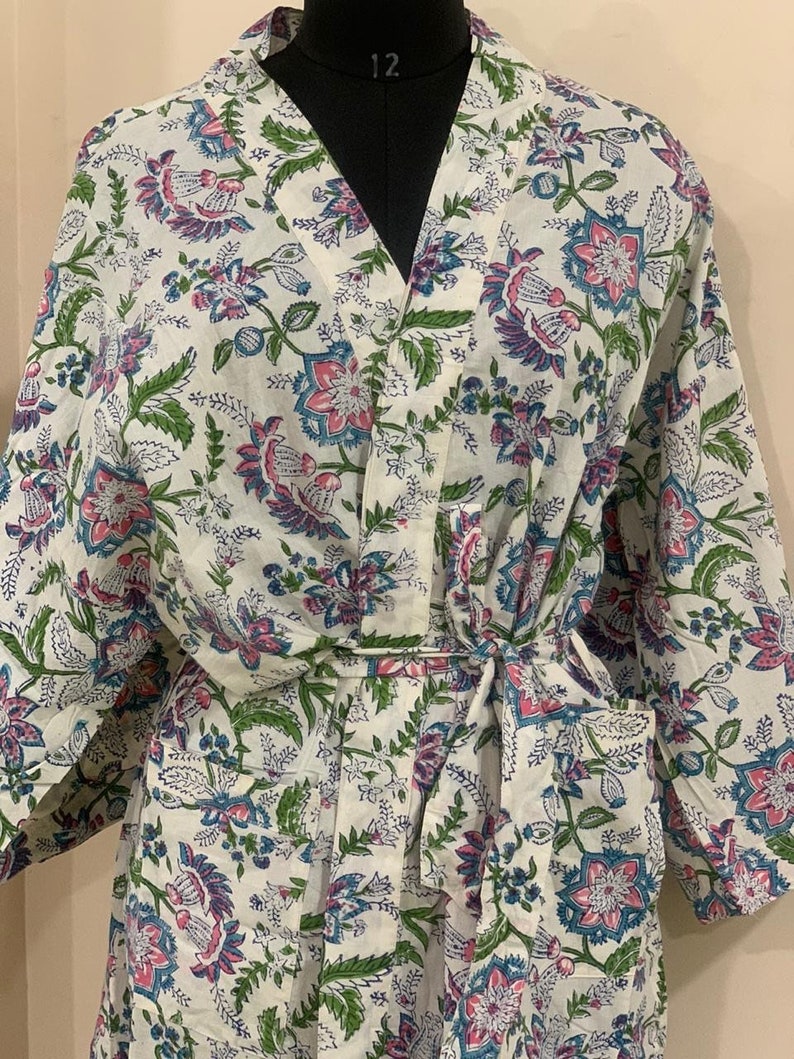 Cotton KimonoHand Block Print robesIndian BathrobeBridal Dressing GownsWomen Crossover