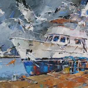 Original oil painting on canvas DELIGHT the dry dock of the marina of the Adriatic fishing fleet, a flock of seagulls circling in the port