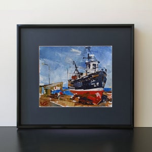 Original oil painting on canvas Marina series FISHING BOATS part #2  small artwork one of a kind seascape, ship at dock, for for sea lovers
