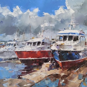 Oil Painting on canvas FUNNY GUYS, fishing boats be in a marina, dry dock, colorful colors, playful outlines create an atmosphere of warmth