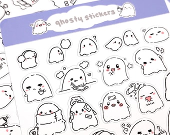 May include: Sheets of white stickers featuring cartoon ghost illustrations with different expressions and accessories. The stickers are outlined in black and include the text "ghosty stickers" on a purple banner.