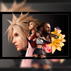 May include: A digital illustration featuring four characters from the Final Fantasy VII Remake video game. The characters are Cloud Strife, Tifa Lockhart, Aerith Gainsborough, and Sephiroth. The image is set against a dark background with yellow flowers and purple orbs.