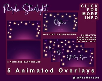Purple Starlight Twitch BUNDLE 5 ANIMATED OVERLAYS +1 Offline screen For Streams!