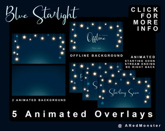 Blue Starlight Twitch BUNDLE 5 ANIMATED OVERLAYS +1 Offline screen For Streams!
