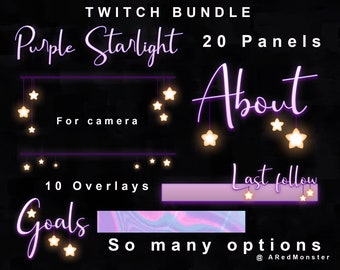 20 Purple Starlight Twitch BUNDLE 20 PANELS + 10 OVERLAYS For Streams!