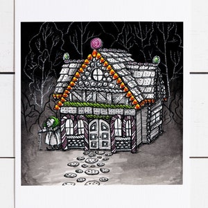Hansel & Gretel Gingerbread House Cottage Brothers Grimm FairyTale Witch Candy House, Illustration Art Print, Magic Wall Art, Room Décor