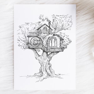 Treehouse Woodland Art Print, Nursery Kids Playroom Wall Art, Whimsical Nature Boys, Girls, Kids Room Décor, Nature Lover Gift, Ink Drawing