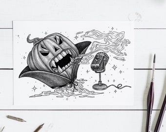 Vampire Pumpkin Illustration Art Print, Halloween Vintage Microphone Music Teeth Fangs Singing Wall Art, Room Décor – 8x10 / 5x7