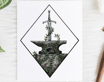 Leyenda de la Espada en la Piedra, Arte mural del Rey Arturo, Mago Merlín, Ilustración de tinta mágica de cuento de hadas de caballeros medievales, Decoración de habitación, Guardería