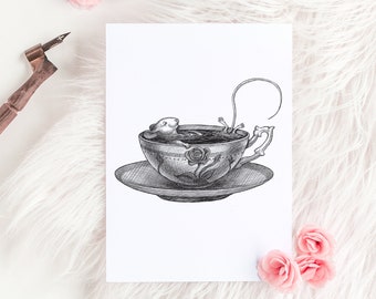 Fancy Mouse Teacup Bath, Illustration Art Print, Cute Animal Wall Art, Room Décor, Nursery Child Bedroom – 8x10 / 5x7