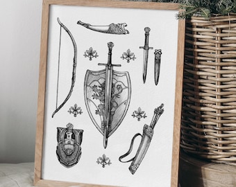 Lámina artística de armas de fantasía, regalos de Papá Noel, decoración medieval de libros
