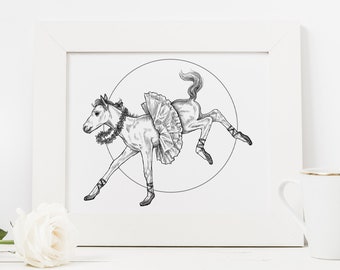 Dancing Ballerina Horse, Illustration Art Print, Baby Horse Girl Ballet Pointe Shoes Cute Animal Wall Art, Room Décor – 8x10 / 5x7